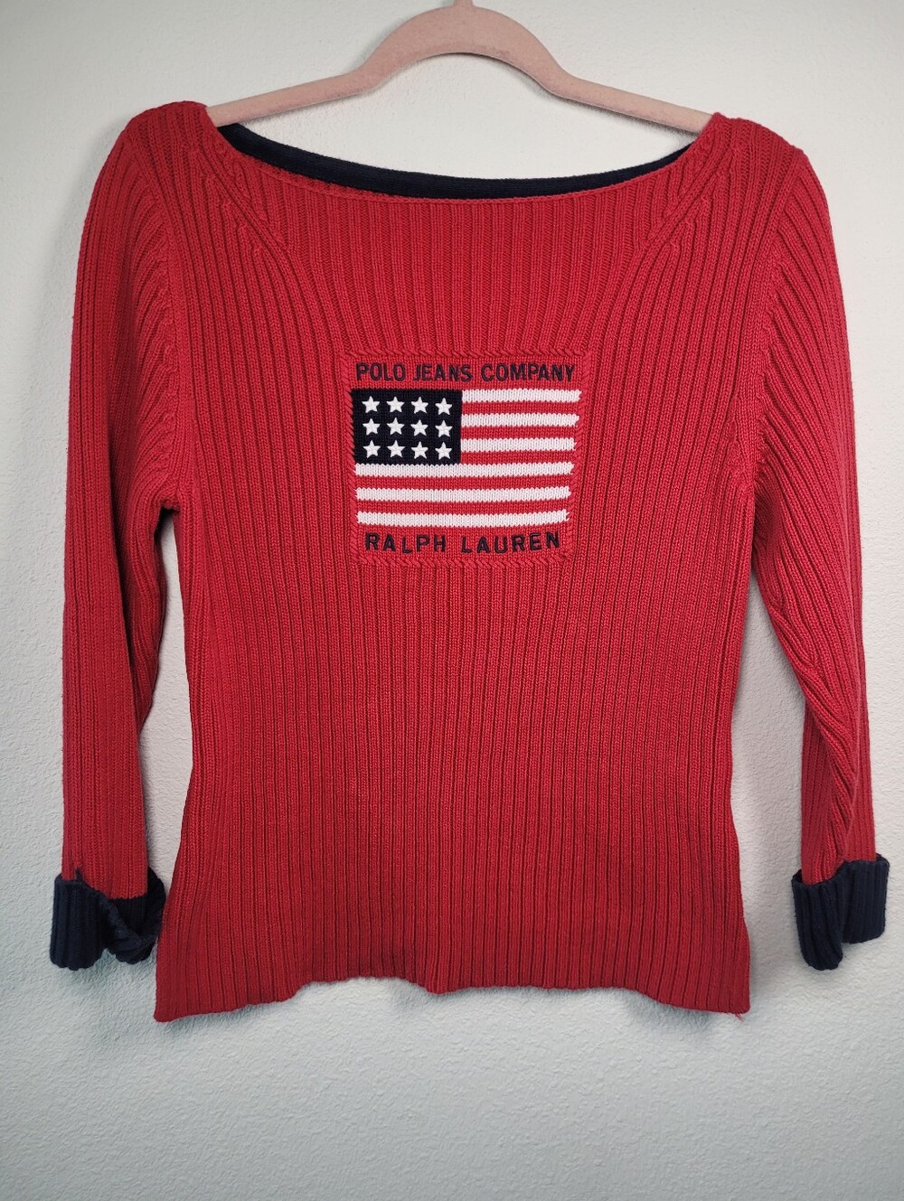 Vintage Polo Jeans Co Ralph Lauren American Flag Sweater Knit Red Boatneck L Y2K